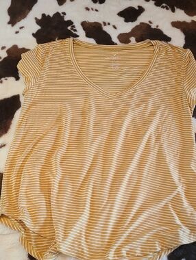American Eagle V-Neck Striped Tee - Mustard/White